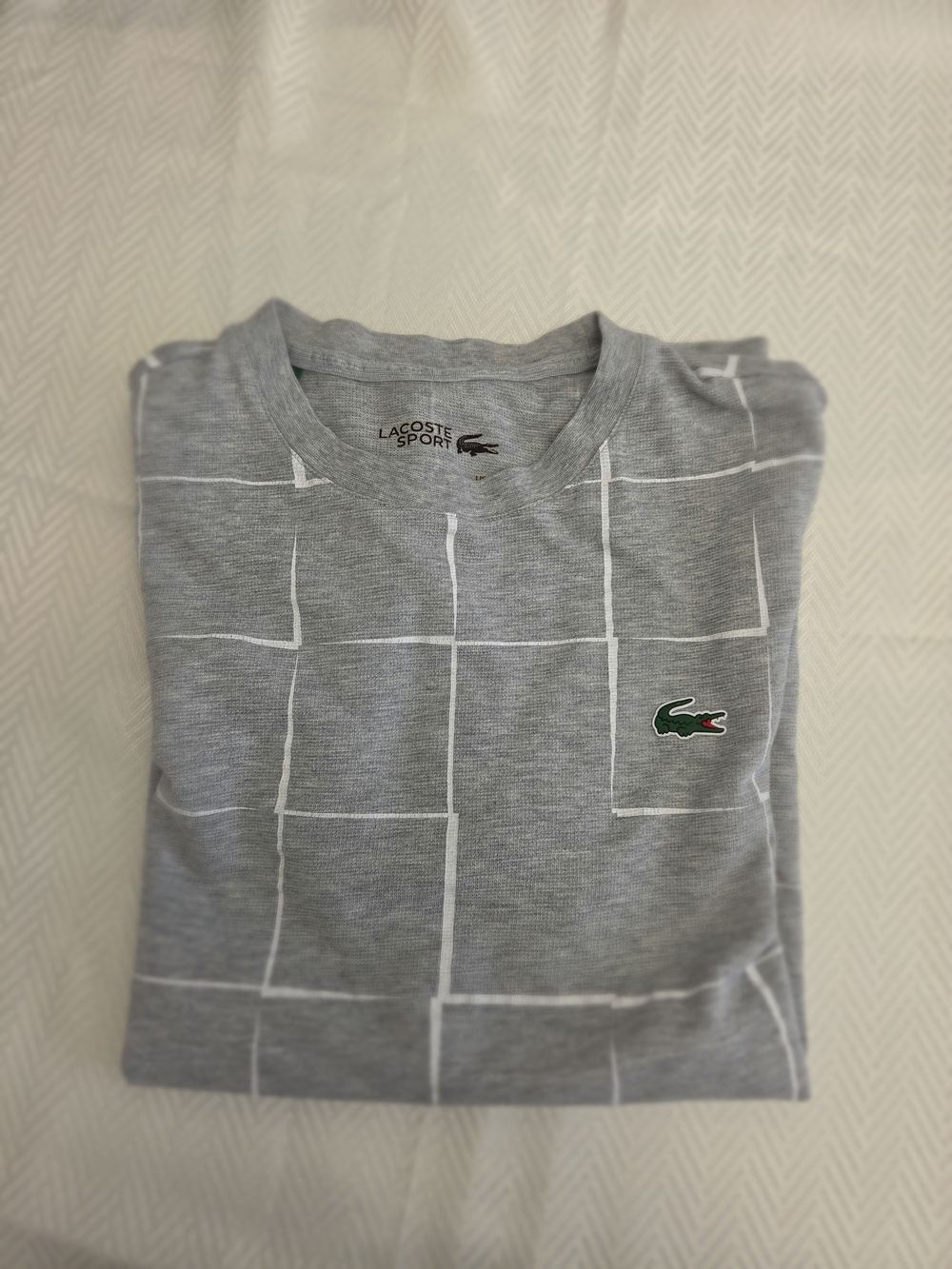 Lacoste Light Gray Grid Crewneck with Green Crocodile Logo